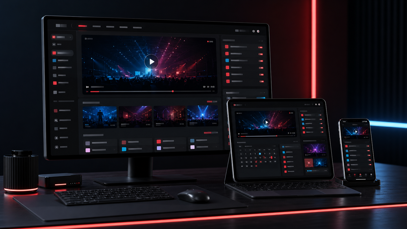 Mockup generico de site BLM TECH com player, agenda e acervo